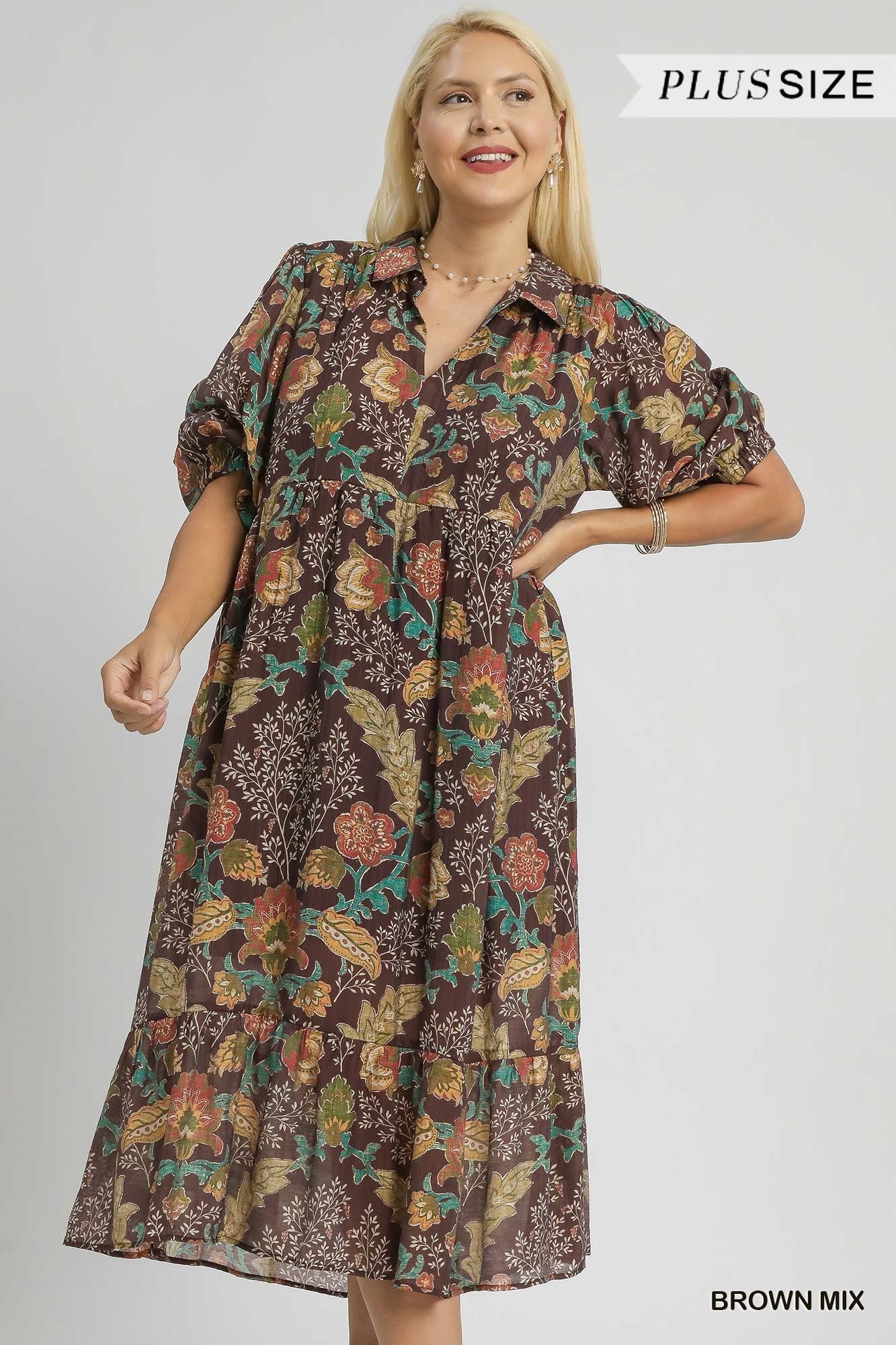 Umgee Plus Size Mix Floral Collared Midi Dress In Brown Mix-Curvy/Plus Dresses-umgee-Deja Nu Boutique, Women's Fashion Boutique in Lampasas, Texas