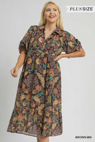 Umgee Plus Size Mix Floral Collared Midi Dress In Brown Mix-Curvy/Plus Dresses-umgee-Deja Nu Boutique, Women's Fashion Boutique in Lampasas, Texas