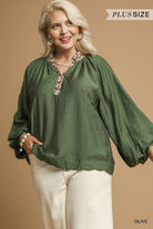 Umgee Plus Size Olive Balloon Sleeve Blouse with Leopard Trim-Curvy/Plus Blouses-Umgee-Deja Nu Boutique, Women's Fashion Boutique in Lampasas, Texas