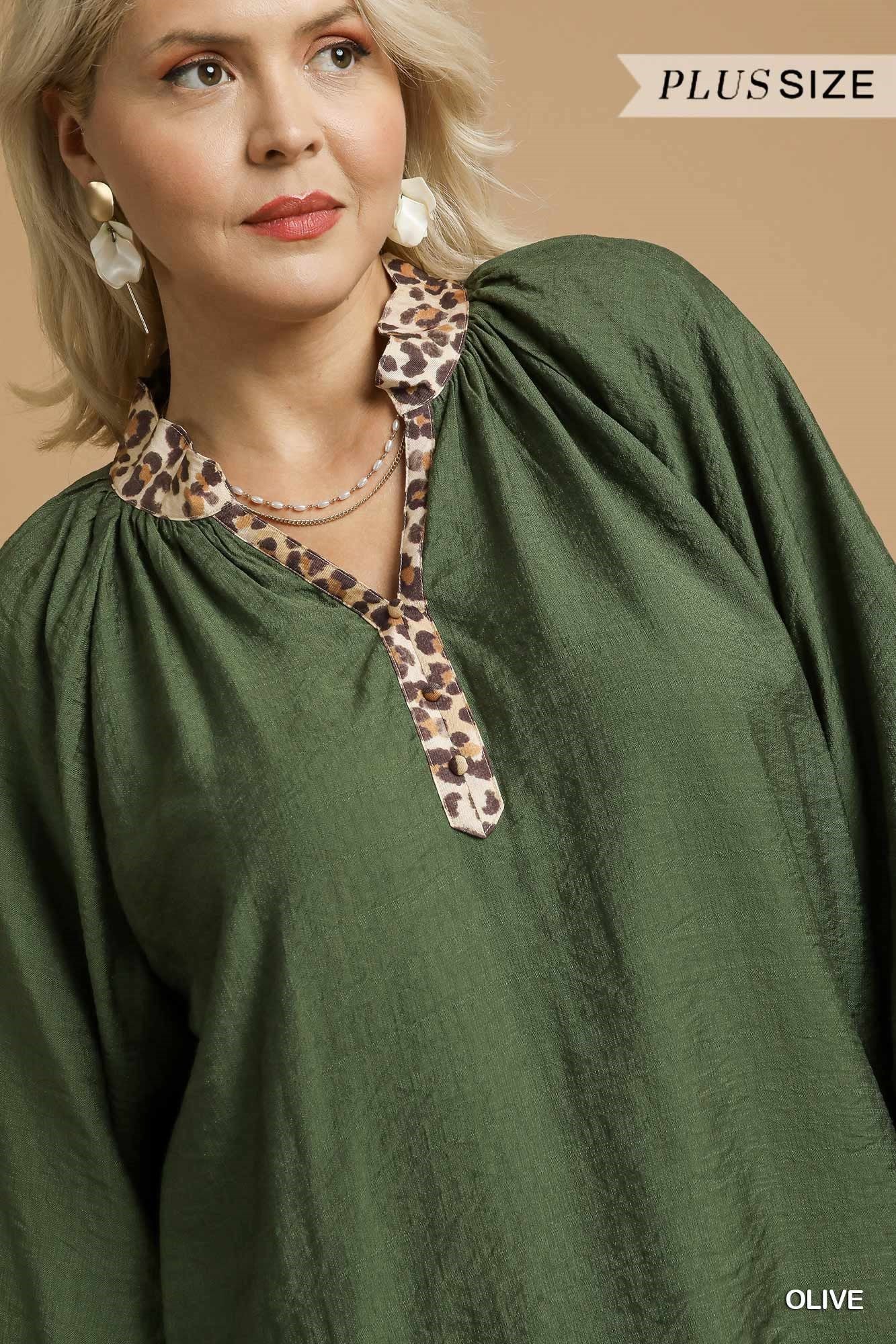 Umgee Plus Size Olive Balloon Sleeve Blouse with Leopard Trim-Curvy/Plus Blouses-Umgee-Deja Nu Boutique, Women's Fashion Boutique in Lampasas, Texas
