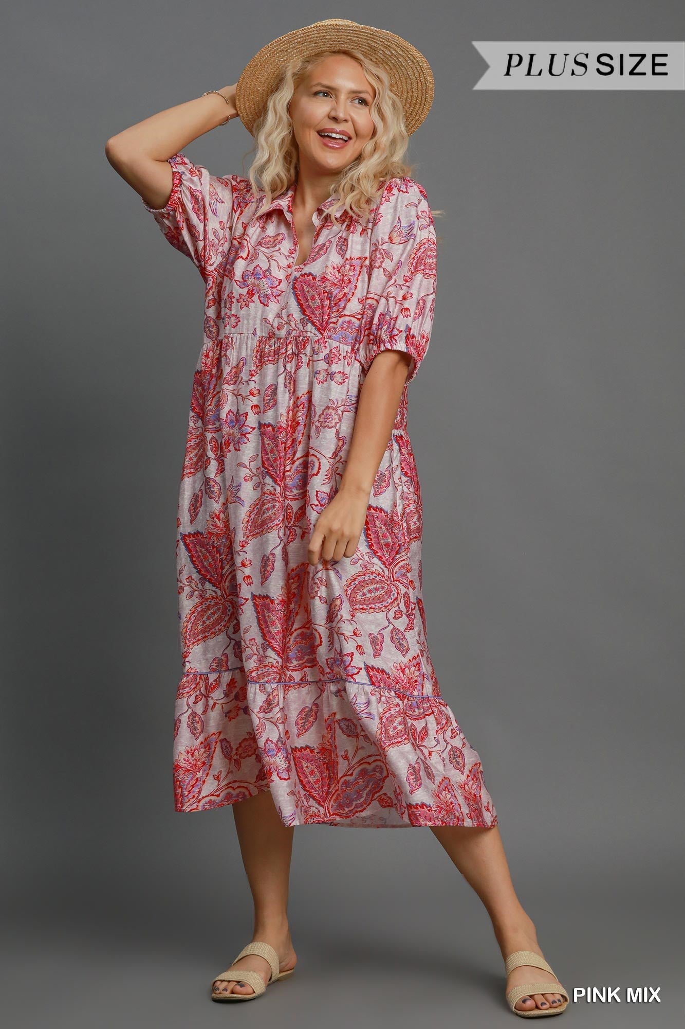 Umgee Plus Size Pink Mix Floral Tiered Midi Dress In Pink Mix-Curvy/Plus Dresses-Umgee-Deja Nu Boutique, Women's Fashion Boutique in Lampasas, Texas