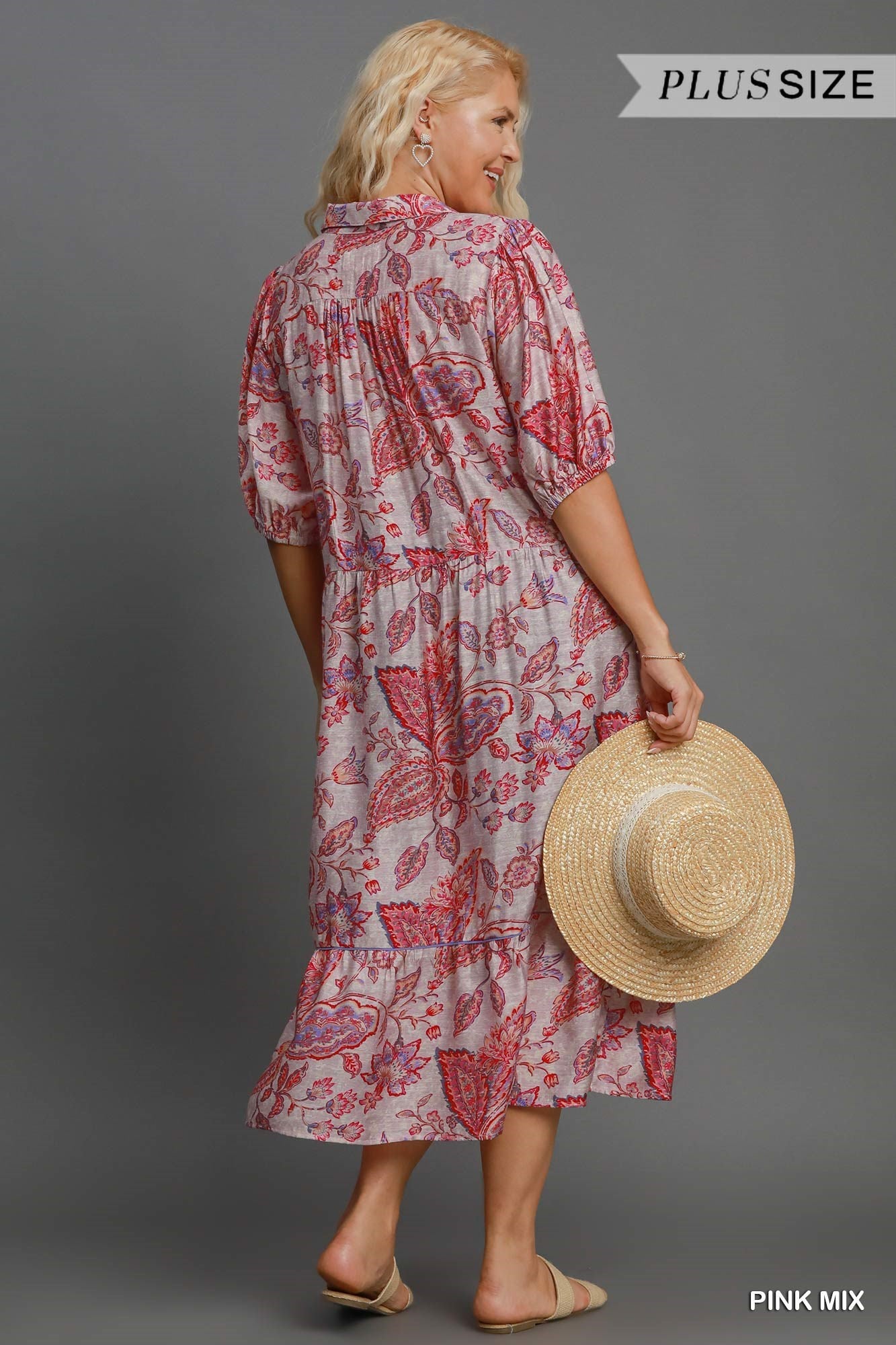 Umgee Plus Size Pink Mix Floral Tiered Midi Dress In Pink Mix-Curvy/Plus Dresses-Umgee-Deja Nu Boutique, Women's Fashion Boutique in Lampasas, Texas