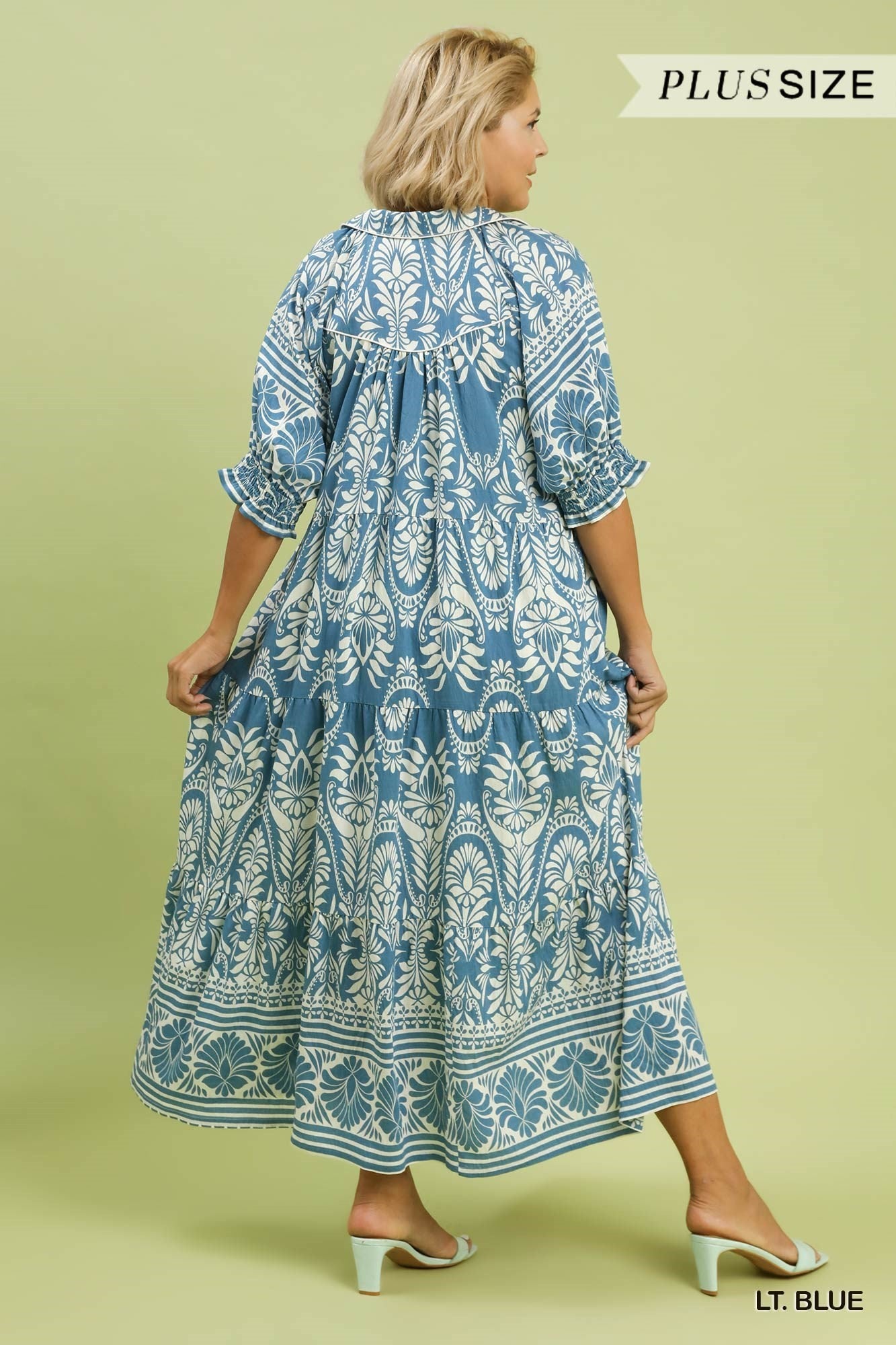 Umgee Plus Size Two-Tone Border Print Tiered Midi Dress In Light Blue-Curvy/Plus Dresses-Umgee-Deja Nu Boutique, Women's Fashion Boutique in Lampasas, Texas