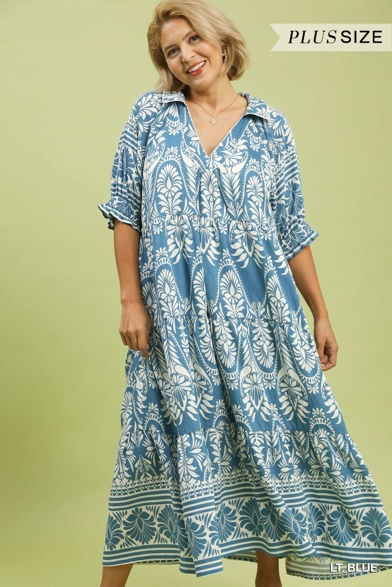 Umgee Plus Size Two-Tone Border Print Tiered Midi Dress In Light Blue-Curvy/Plus Dresses-Umgee-Deja Nu Boutique, Women's Fashion Boutique in Lampasas, Texas