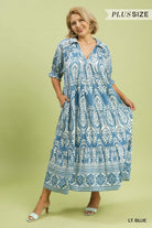 Umgee Plus Size Two-Tone Border Print Tiered Midi Dress In Light Blue-Curvy/Plus Dresses-Umgee-Deja Nu Boutique, Women's Fashion Boutique in Lampasas, Texas