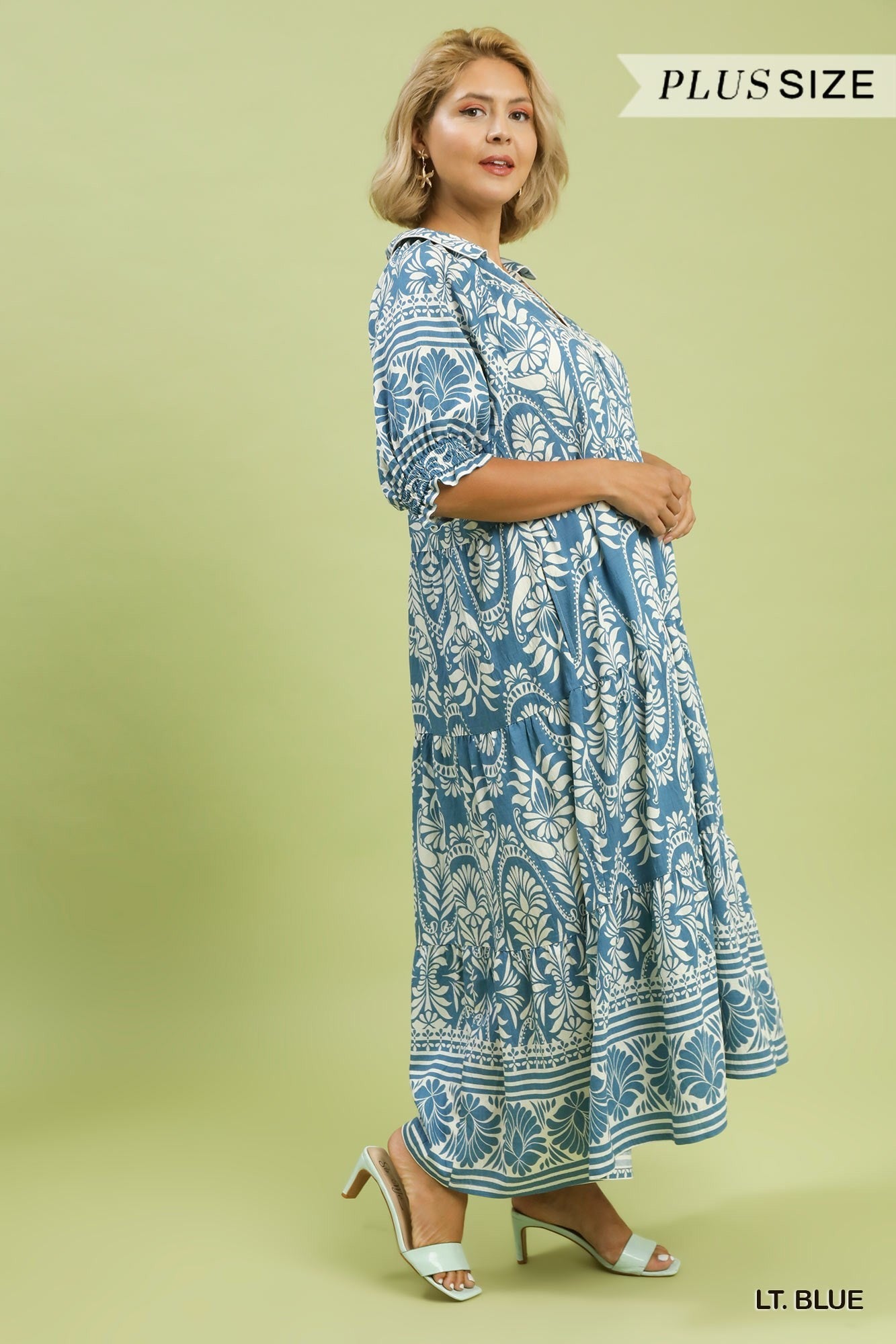 Umgee Plus Size Two-Tone Border Print Tiered Midi Dress In Light Blue-Curvy/Plus Dresses-Umgee-Deja Nu Boutique, Women's Fashion Boutique in Lampasas, Texas