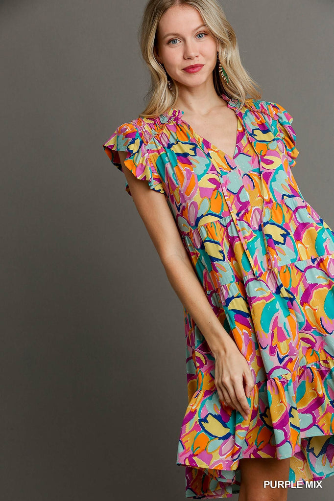 Umgee Purple Haze Abstract Print A-Line Tiered Dress With Shoulder Smocked Detail-Short Dresses-Umgee-Deja Nu Boutique, Women's Fashion Boutique in Lampasas, Texas