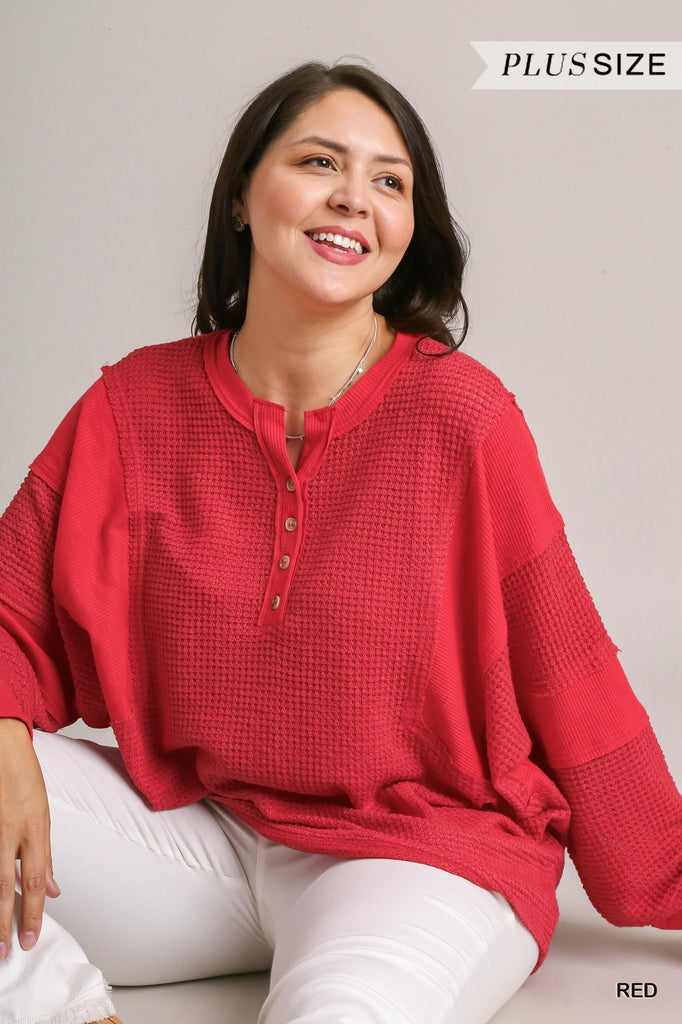 Umgee Red Henley Waffle Knit Tunic With Contrast Details Plus-Curvy/Plus Tops-Umgee-Deja Nu Boutique, Women's Fashion Boutique in Lampasas, Texas