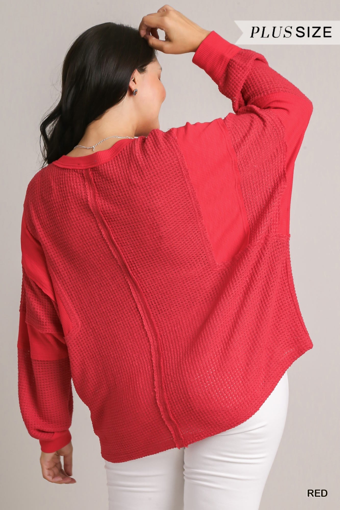 Umgee Red Henley Waffle Knit Tunic With Contrast Details Plus-Curvy/Plus Tops-Umgee-Deja Nu Boutique, Women's Fashion Boutique in Lampasas, Texas