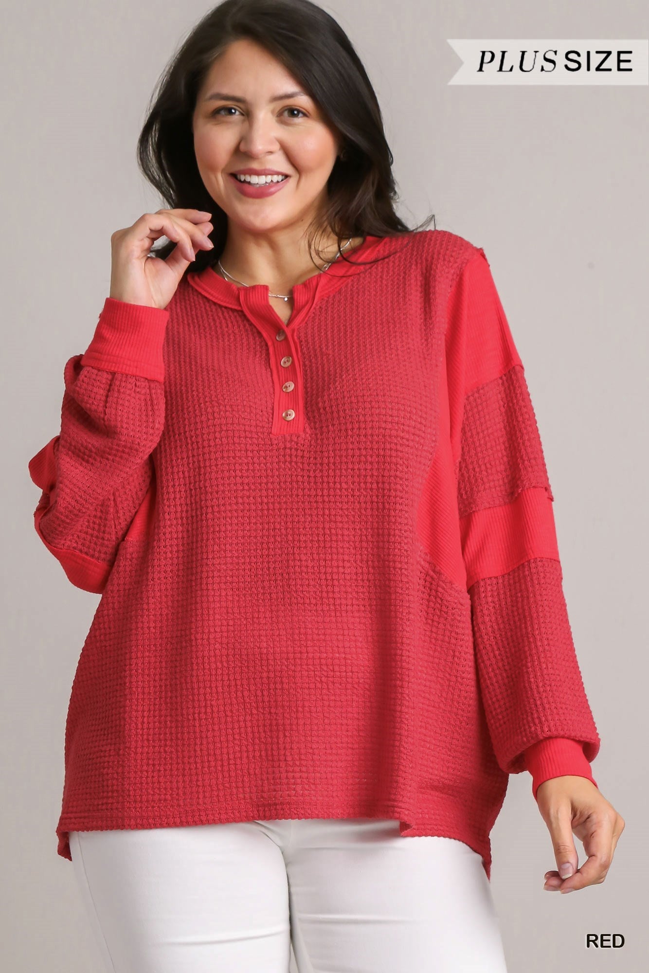 Umgee Red Henley Waffle Knit Tunic With Contrast Details Plus-Curvy/Plus Tops-Umgee-Deja Nu Boutique, Women's Fashion Boutique in Lampasas, Texas