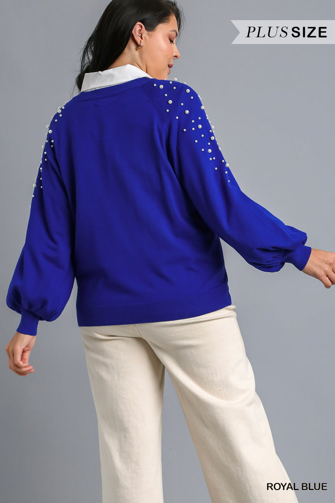 Umgee Round Neck Pullover Sweater With Long Sleeve Pearl Details In Royal Blue Plus-Curvy/Plus Sweaters-Umgee-Deja Nu Boutique, Women's Fashion Boutique in Lampasas, Texas