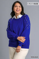 Umgee Round Neck Pullover Sweater With Long Sleeve Pearl Details In Royal Blue Plus-Curvy/Plus Sweaters-Umgee-Deja Nu Boutique, Women's Fashion Boutique in Lampasas, Texas