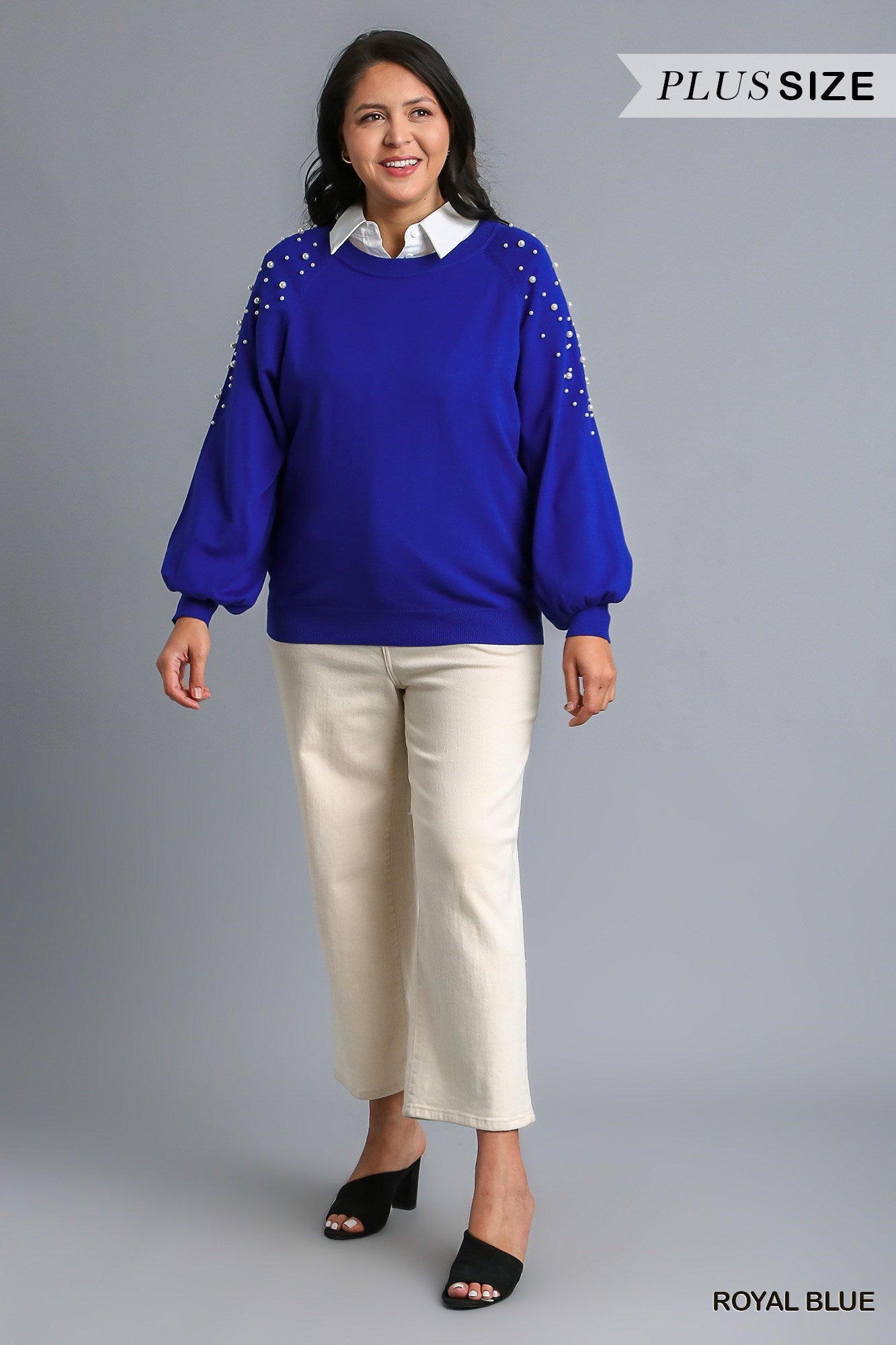 Umgee Round Neck Pullover Sweater With Long Sleeve Pearl Details In Royal Blue Plus-Curvy/Plus Sweaters-Umgee-Deja Nu Boutique, Women's Fashion Boutique in Lampasas, Texas