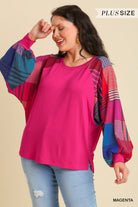 Umgee Round Neck Top With Mixed Print Long Sleeves And Side Slits In Magenta Plus-Curvy/Plus Tops-Umgee-Deja Nu Boutique, Women's Fashion Boutique in Lampasas, Texas