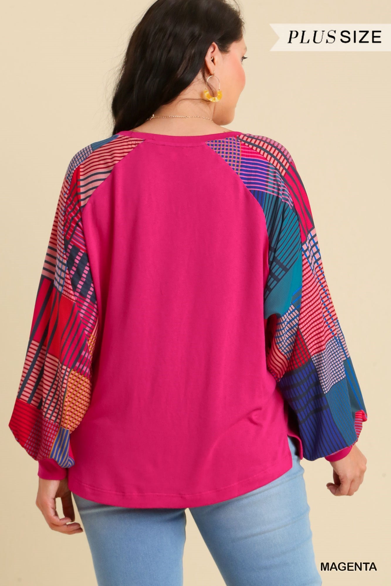 Umgee Round Neck Top With Mixed Print Long Sleeves And Side Slits In Magenta Plus-Curvy/Plus Tops-Umgee-Deja Nu Boutique, Women's Fashion Boutique in Lampasas, Texas