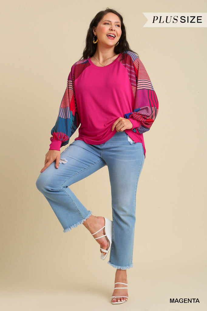 Umgee Round Neck Top With Mixed Print Long Sleeves And Side Slits In Magenta Plus-Curvy/Plus Tops-Umgee-Deja Nu Boutique, Women's Fashion Boutique in Lampasas, Texas