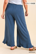 Umgee Slate Blue Linen Blend Wide Leg Frayed Hem Pants Plus-Curvy/Plus Pants-Umgee-Deja Nu Boutique, Women's Fashion Boutique in Lampasas, Texas