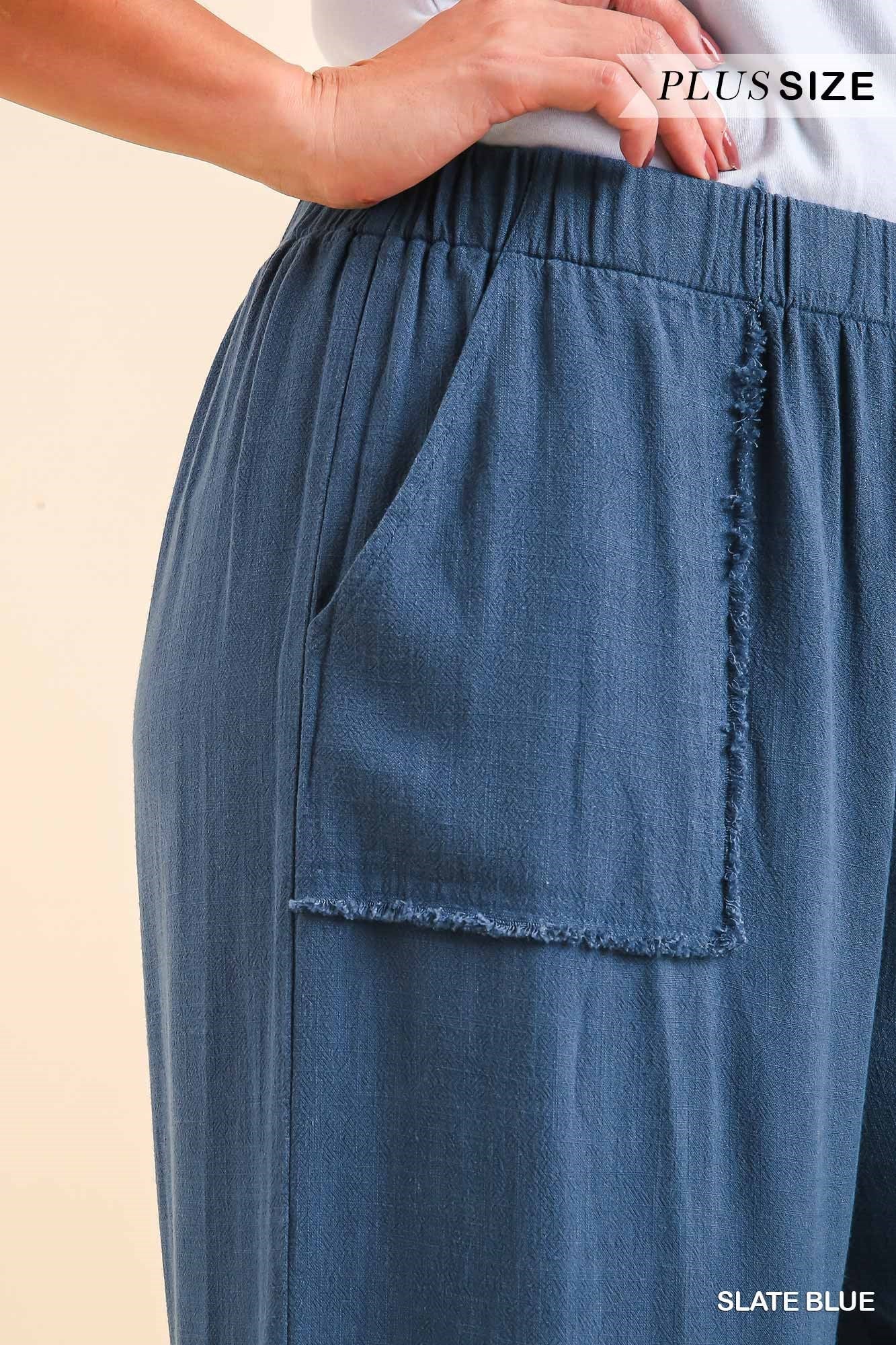 Umgee Slate Blue Linen Blend Wide Leg Frayed Hem Pants Plus-Curvy/Plus Pants-Umgee-Deja Nu Boutique, Women's Fashion Boutique in Lampasas, Texas