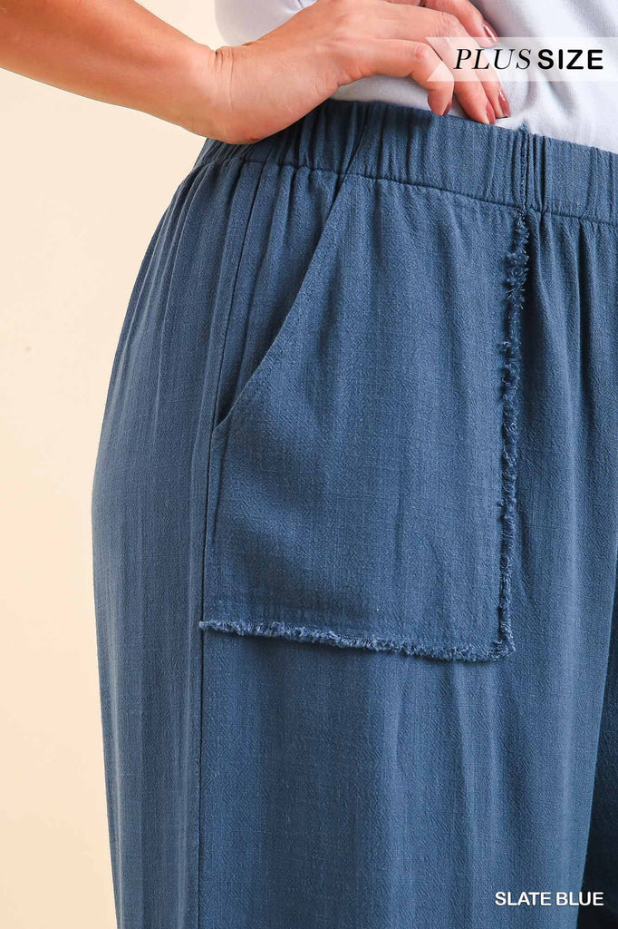 Umgee Slate Blue Linen Blend Wide Leg Frayed Hem Pants-Curvy/Plus Pants-Umgee-Deja Nu Boutique, Women's Fashion Boutique in Lampasas, Texas