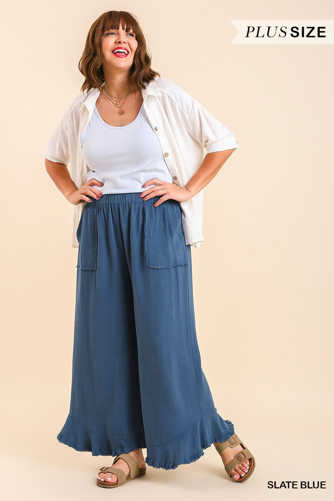 Umgee Slate Blue Linen Blend Wide Leg Frayed Hem Pants-Curvy/Plus Pants-Umgee-Deja Nu Boutique, Women's Fashion Boutique in Lampasas, Texas