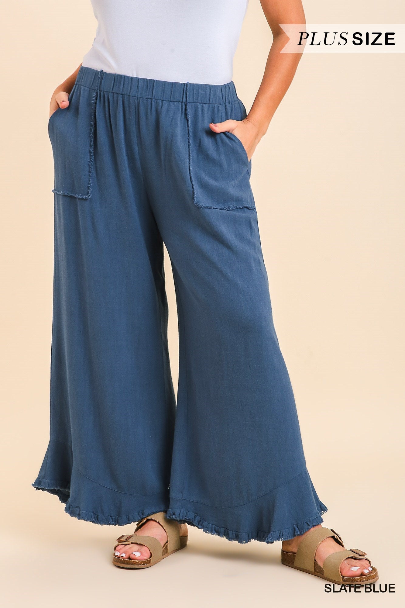 Umgee Slate Blue Linen Blend Wide Leg Frayed Hem Pants Plus-Curvy/Plus Pants-Umgee-Deja Nu Boutique, Women's Fashion Boutique in Lampasas, Texas