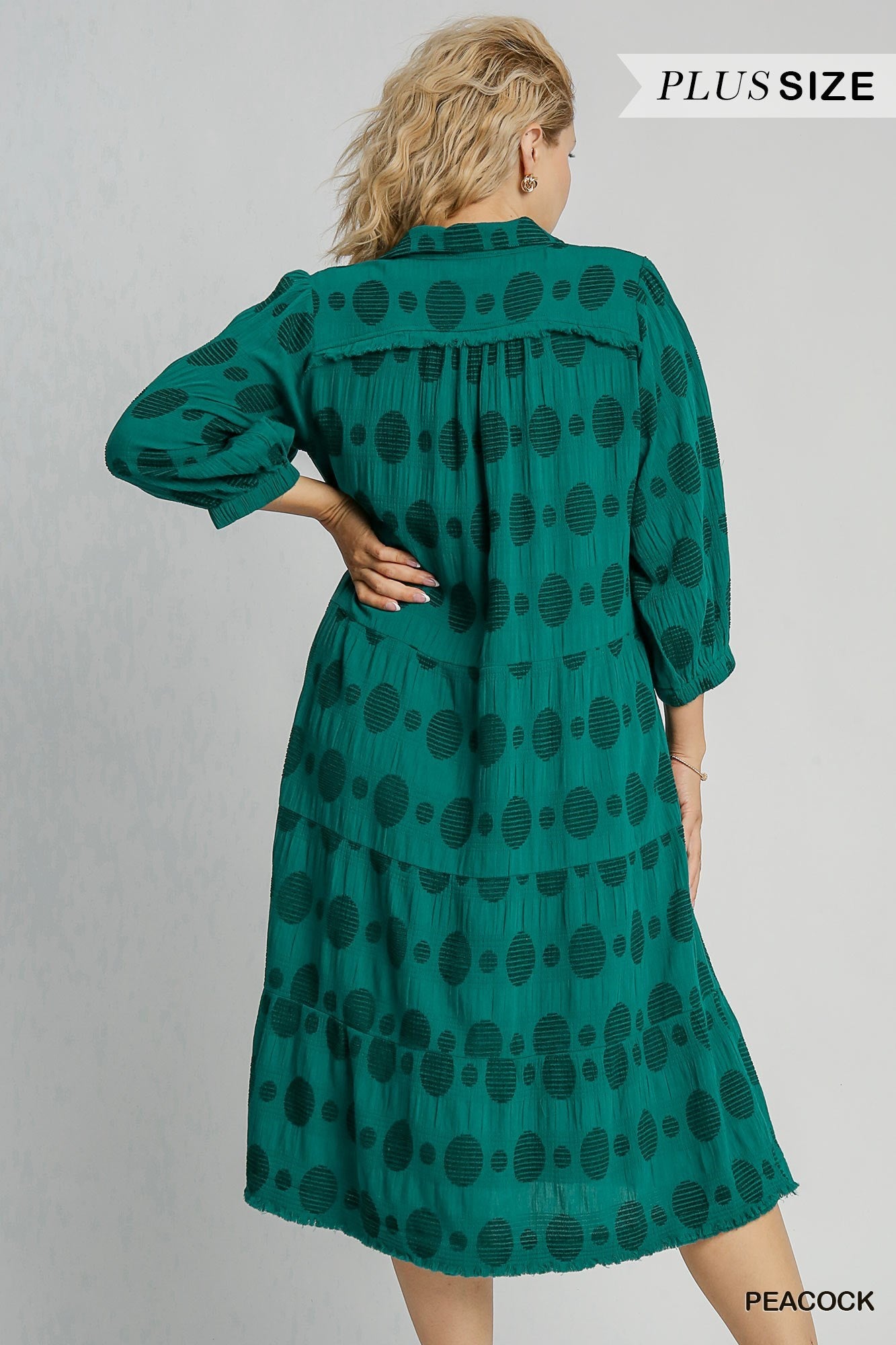 Umgee Solid Dotted V-Neck Collard Tiered Midi Dress With Long Balloon Sleeves In Peacock Plus-Curvy/Plus Dresses-Umgee-Deja Nu Boutique, Women's Fashion Boutique in Lampasas, Texas