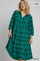 Umgee Solid Dotted V-Neck Collard Tiered Midi Dress With Long Balloon Sleeves In Peacock Plus-Curvy/Plus Dresses-Umgee-Deja Nu Boutique, Women's Fashion Boutique in Lampasas, Texas