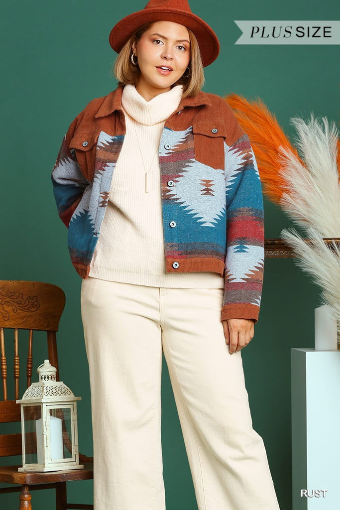 Umgee Stone Wash Vintage Pattern Jacket In Rust Plus-Curvy/Plus Outerwear-Umgee-Deja Nu Boutique, Women's Fashion Boutique in Lampasas, Texas