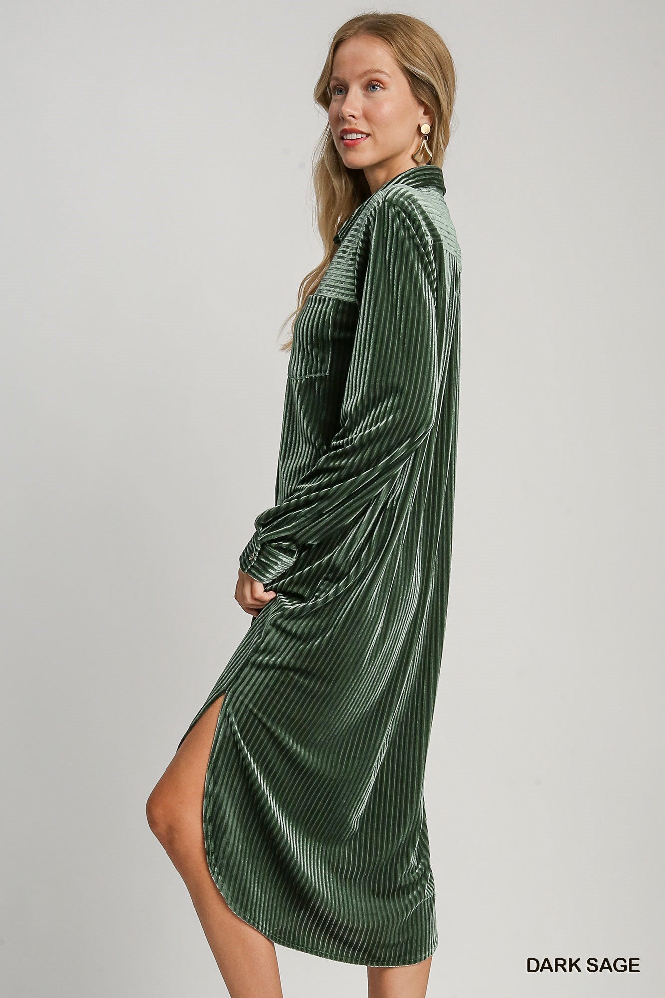 Umgee Stripe Texture Velvet Button Down Dress Duster In Dark Sage-Dresses-Umgee-Deja Nu Boutique, Women's Fashion Boutique in Lampasas, Texas