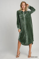 Umgee Stripe Texture Velvet Button Down Dress Duster In Dark Sage-Dresses-Umgee-Deja Nu Boutique, Women's Fashion Boutique in Lampasas, Texas