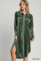 Umgee Stripe Texture Velvet Button Down Dress Duster In Dark Sage-Dresses-Umgee-Deja Nu Boutique, Women's Fashion Boutique in Lampasas, Texas