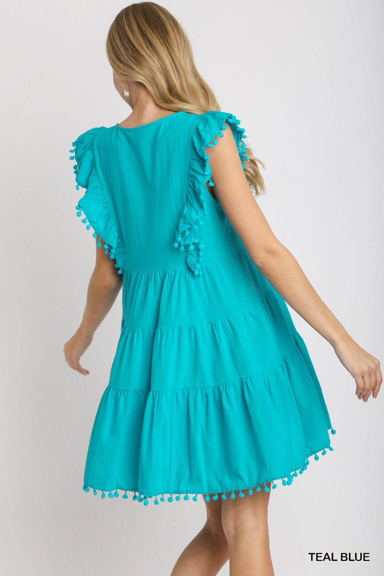 Umgee Teal Blue Embroidered Pom Pom Trim Ruffle Hem Dress-Dresses-Umgee-Deja Nu Boutique, Women's Fashion Boutique in Lampasas, Texas