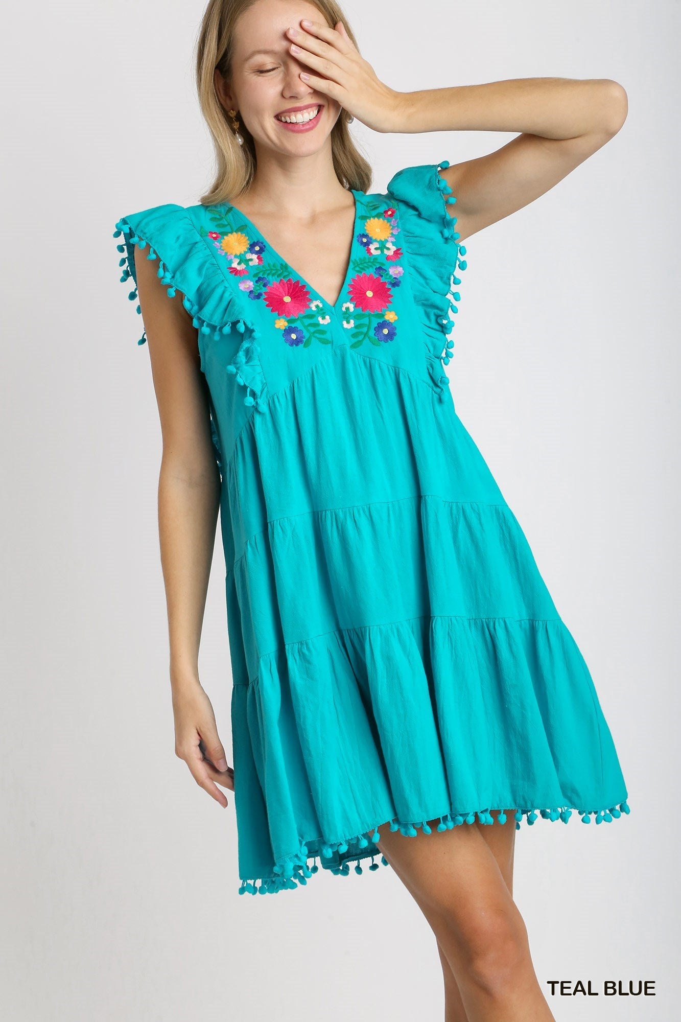 Umgee Teal Blue Embroidered Pom Pom Trim Ruffle Hem Dress-Dresses-Umgee-Deja Nu Boutique, Women's Fashion Boutique in Lampasas, Texas