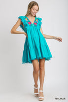 Umgee Teal Blue Embroidered Pom Pom Trim Ruffle Hem Dress-Dresses-Umgee-Deja Nu Boutique, Women's Fashion Boutique in Lampasas, Texas