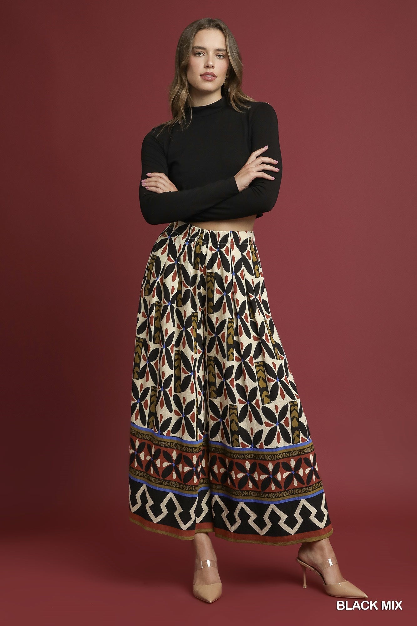 Umgee Tribal Motif Block Print Wide Leg Pants in Black Mix-bottoms-Umgee-Deja Nu Boutique, Women's Fashion Boutique in Lampasas, Texas