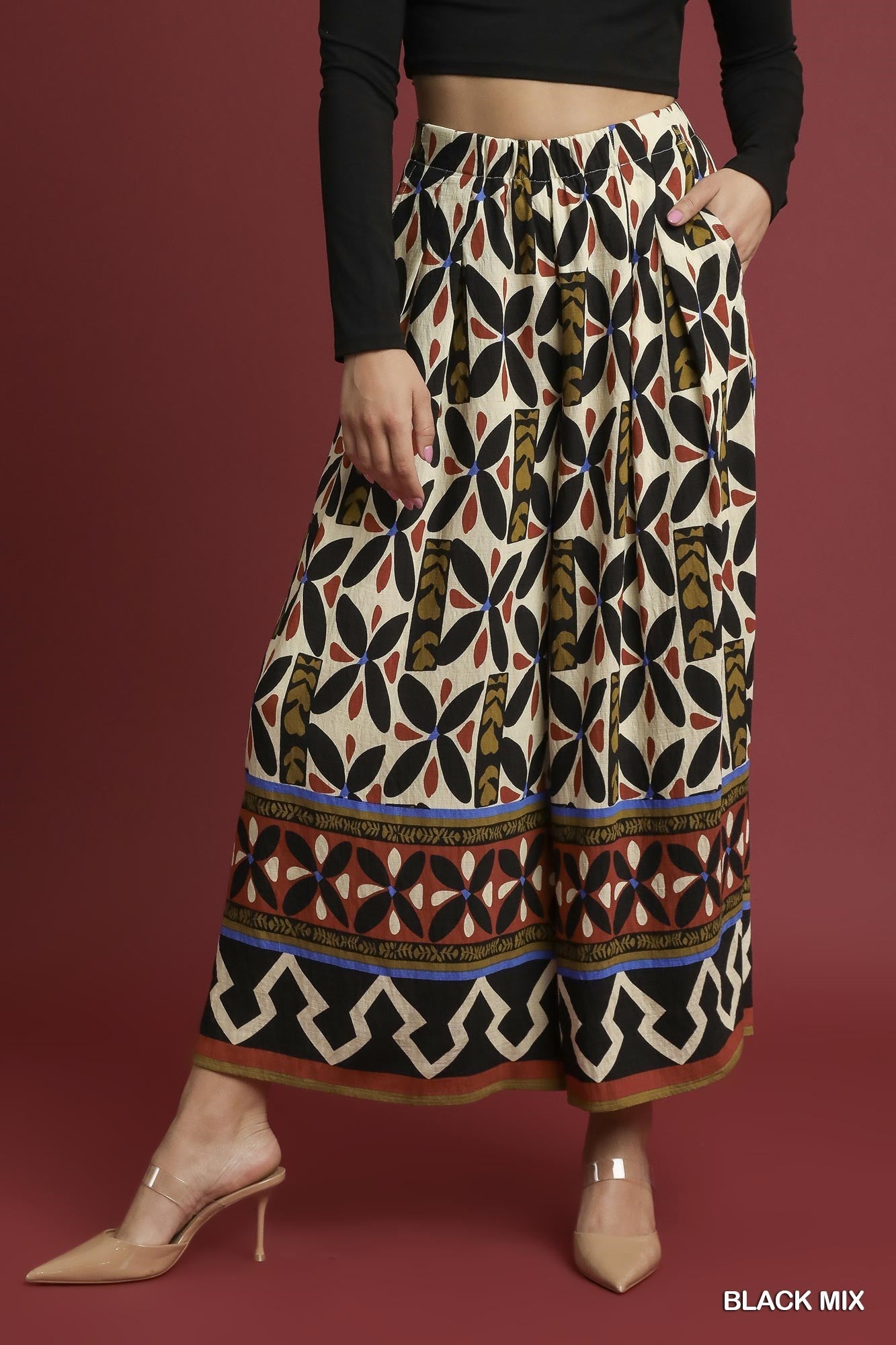 Umgee Tribal Motif Block Print Wide Leg Pants in Black Mix-bottoms-Umgee-Deja Nu Boutique, Women's Fashion Boutique in Lampasas, Texas