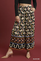 Umgee Tribal Motif Block Print Wide Leg Pants in Black Mix-bottoms-Umgee-Deja Nu Boutique, Women's Fashion Boutique in Lampasas, Texas