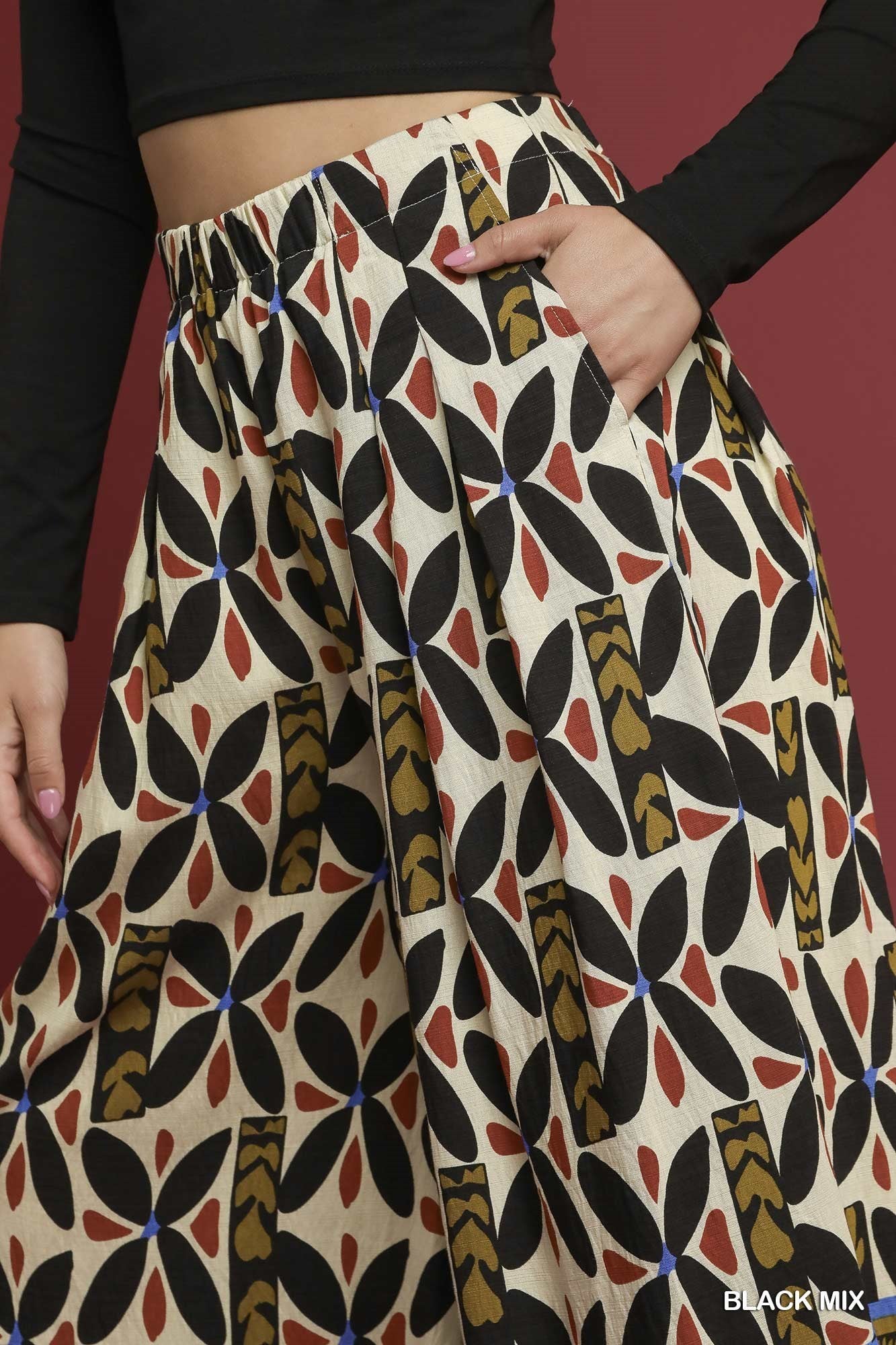 Umgee Tribal Motif Block Print Wide Leg Pants in Black Mix-bottoms-Umgee-Deja Nu Boutique, Women's Fashion Boutique in Lampasas, Texas