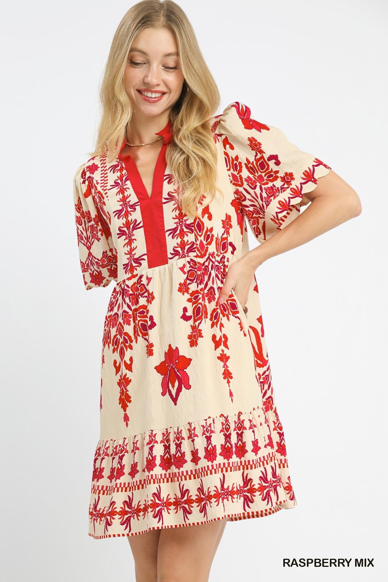 Umgee Tropical Damask Border Print Mini Dress – Raspberry Mix-mini dress-Umgee-Deja Nu Boutique, Women's Fashion Boutique in Lampasas, Texas