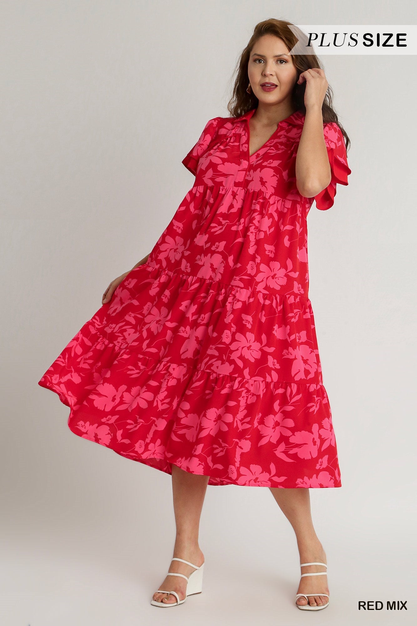 Umgee Two Tone A Line Collard Tiered Midi Dress With Short Layered Sleeves In Red Mix Plus-Midi Dresses-Umgee-Deja Nu Boutique, Women's Fashion Boutique in Lampasas, Texas