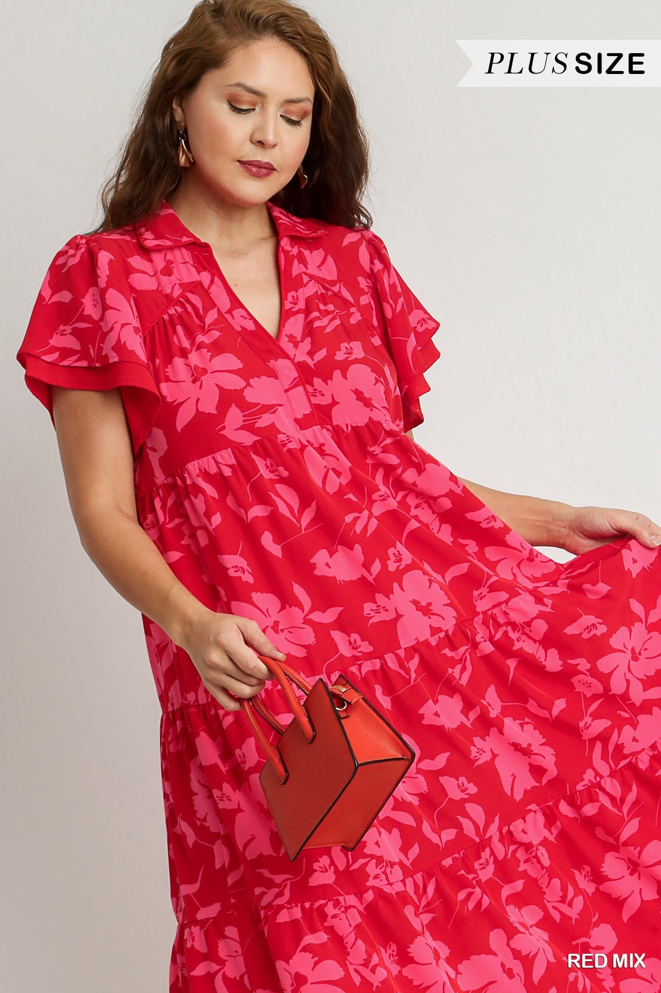 Umgee Two Tone A Line Collard Tiered Midi Dress With Short Layered Sleeves In Red Mix Plus-Midi Dresses-Umgee-Deja Nu Boutique, Women's Fashion Boutique in Lampasas, Texas