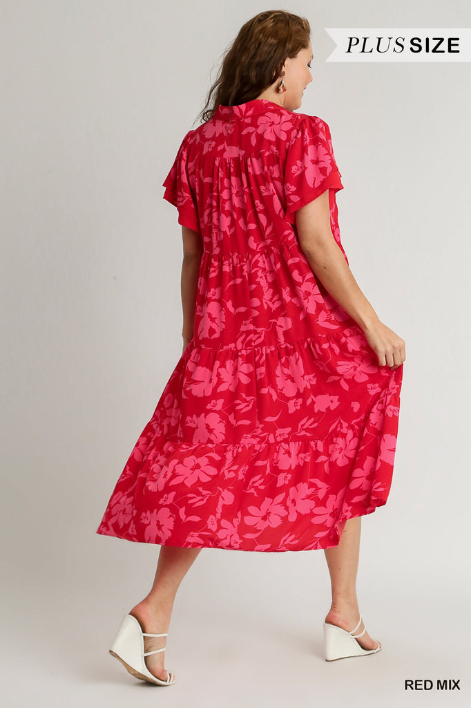 Umgee Two Tone A Line Collard Tiered Midi Dress With Short Layered Sleeves In Red Mix Plus-Midi Dresses-Umgee-Deja Nu Boutique, Women's Fashion Boutique in Lampasas, Texas