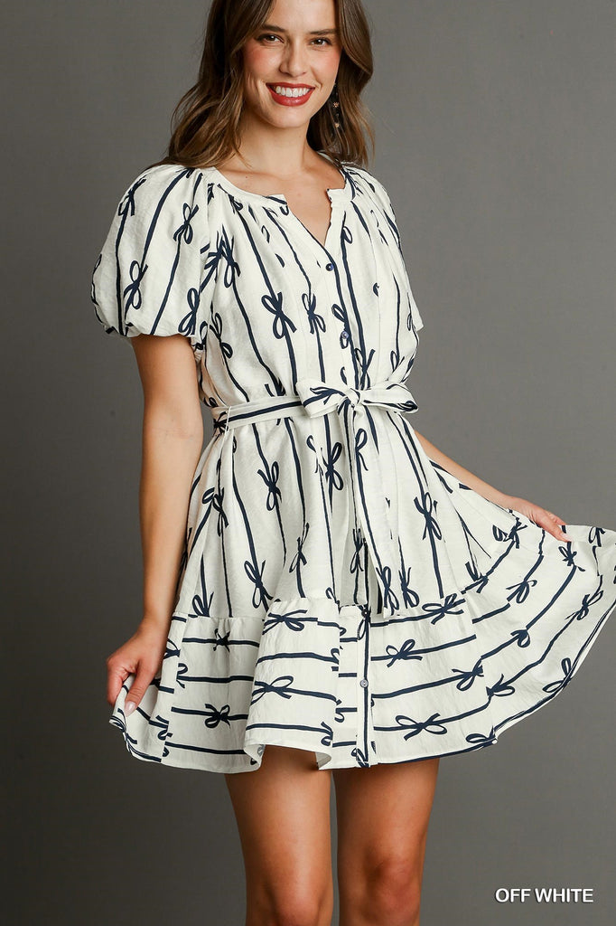 Umgee Two Tone Beauty Bow Print Flutter Dress With Belt Tie And Puff Short Sleeves-Short Dresses-Umgee-Deja Nu Boutique, Women's Fashion Boutique in Lampasas, Texas