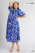 Umgee Two Tone Floral A-Line Tiered Midi Dress With Puff Sleeves Plus-Curvy/Plus Dresses-Umgee-Deja Nu Boutique, Women's Fashion Boutique in Lampasas, Texas