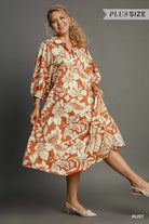 Umgee Two Tone Floral Print Midi Dress In Rust Plus-Curvy/Plus Dresses-Umgee-Deja Nu Boutique, Women's Fashion Boutique in Lampasas, Texas