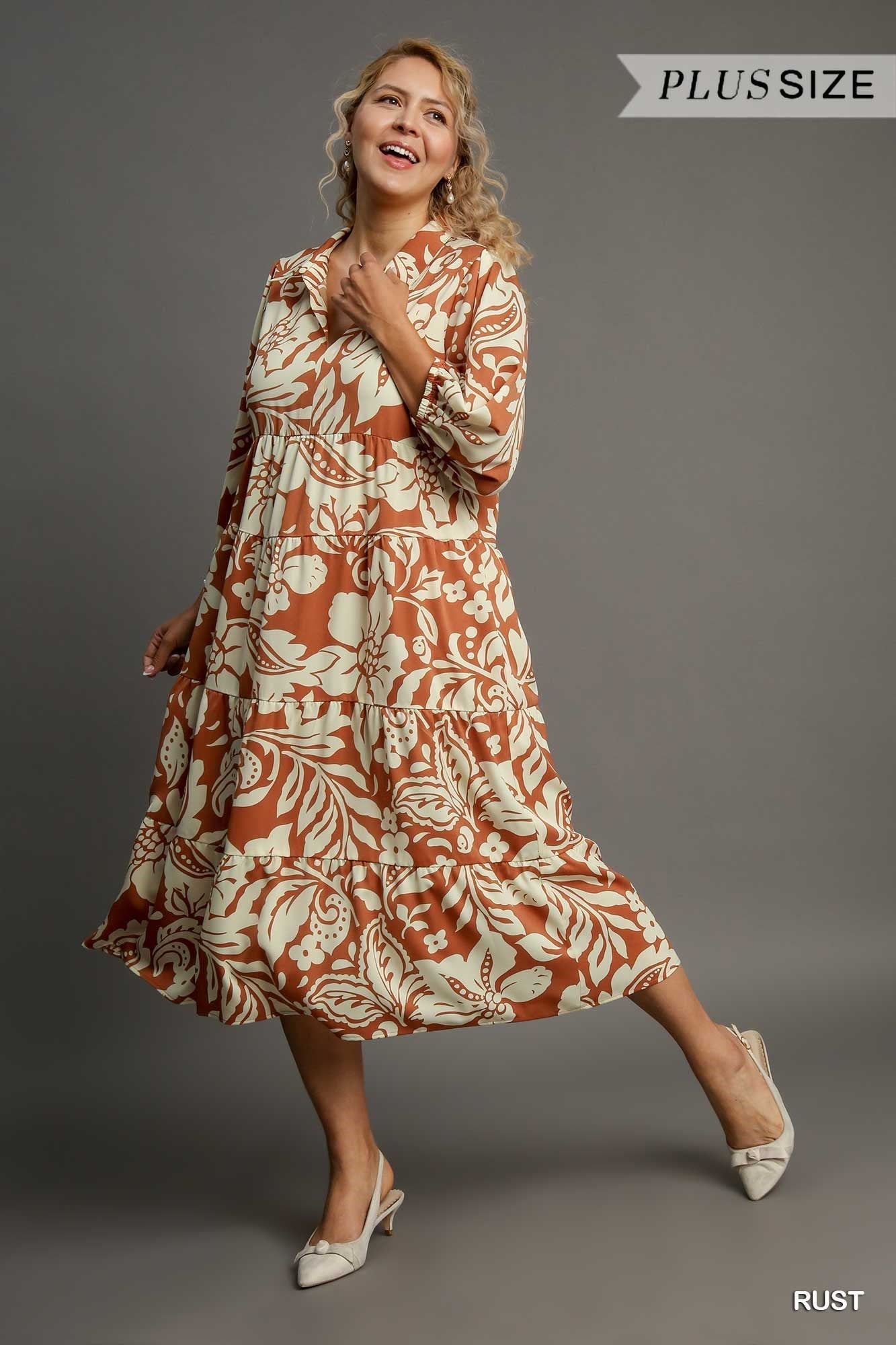 Umgee Two Tone Floral Print Midi Dress In Rust Plus-Curvy/Plus Dresses-Umgee-Deja Nu Boutique, Women's Fashion Boutique in Lampasas, Texas