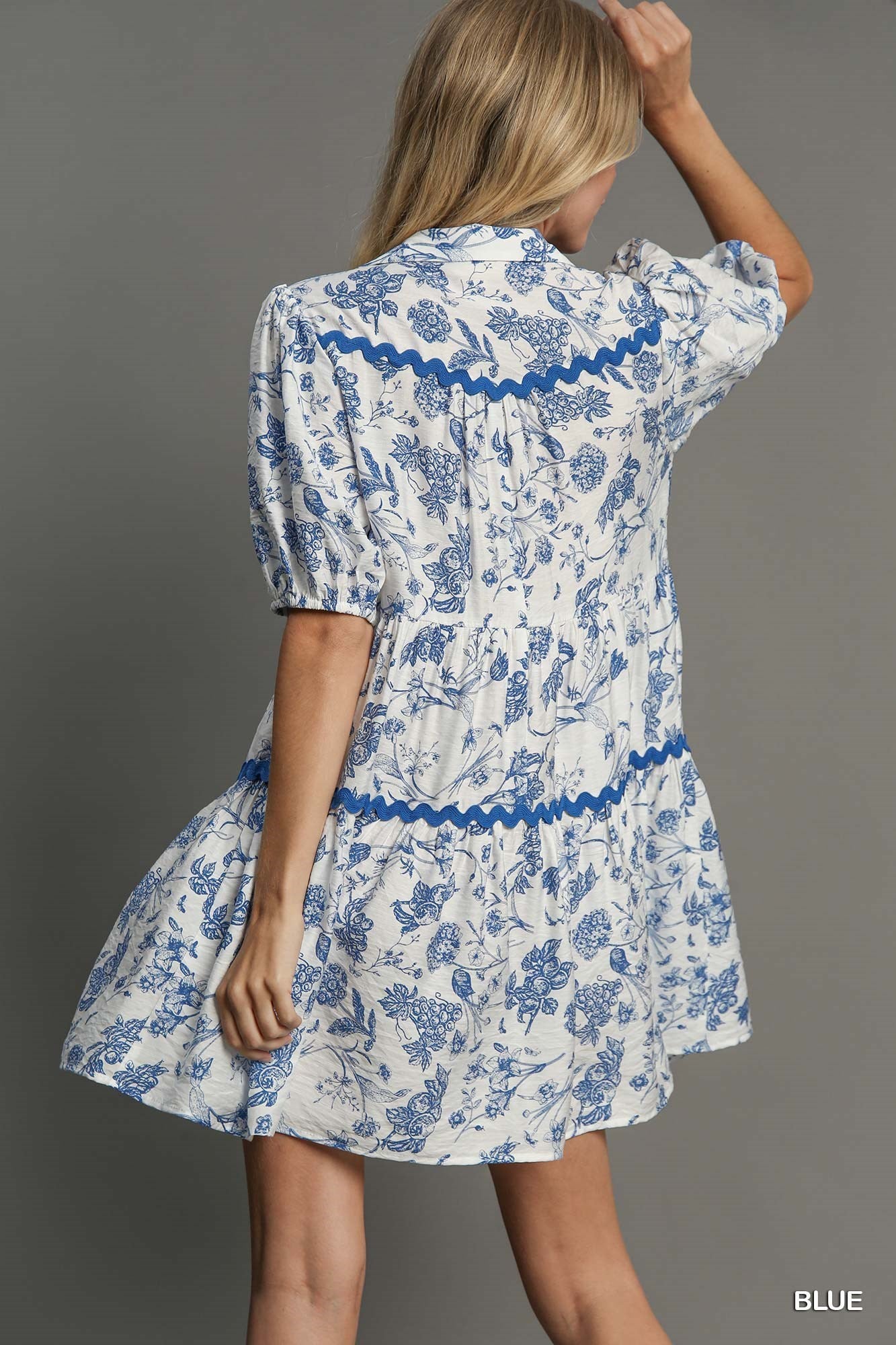 Umgee Two Tone Landscape China Print Dress With Ric Rac Trim In Blue-Short Dresses-Umgee-Deja Nu Boutique, Women's Fashion Boutique in Lampasas, Texas