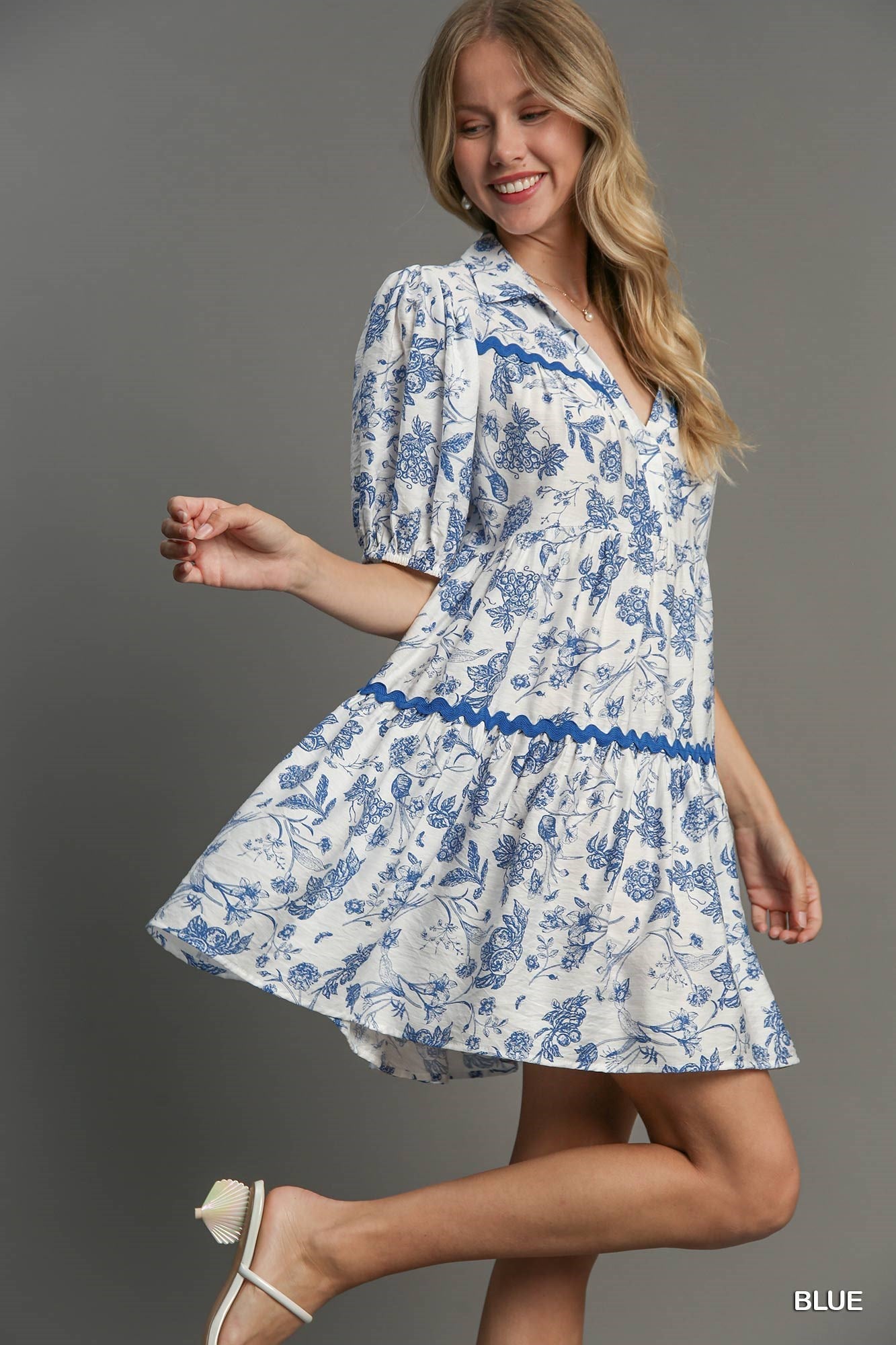 Umgee Two Tone Landscape China Print Dress With Ric Rac Trim In Blue-Short Dresses-Umgee-Deja Nu Boutique, Women's Fashion Boutique in Lampasas, Texas