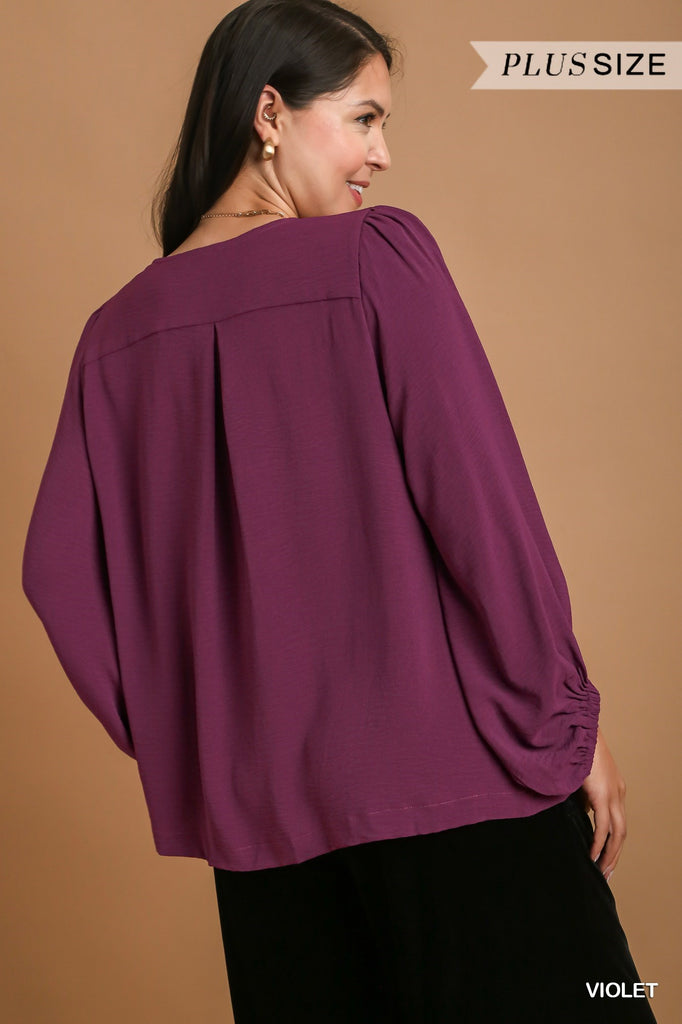Umgee V-Neck Long Sleeve Tunic Blouse In Violet Plus-Curvy/Plus Tops-Umgee-Deja Nu Boutique, Women's Fashion Boutique in Lampasas, Texas