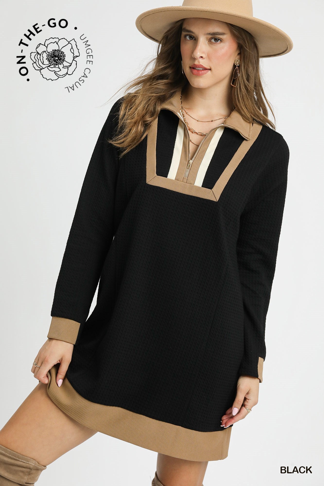 Umgee Waffle Knit Zip Collar Tunic Dress in Black A Casual Long Sleeve Mini Dress-Dresses-Umgee-Deja Nu Boutique, Women's Fashion Boutique in Lampasas, Texas